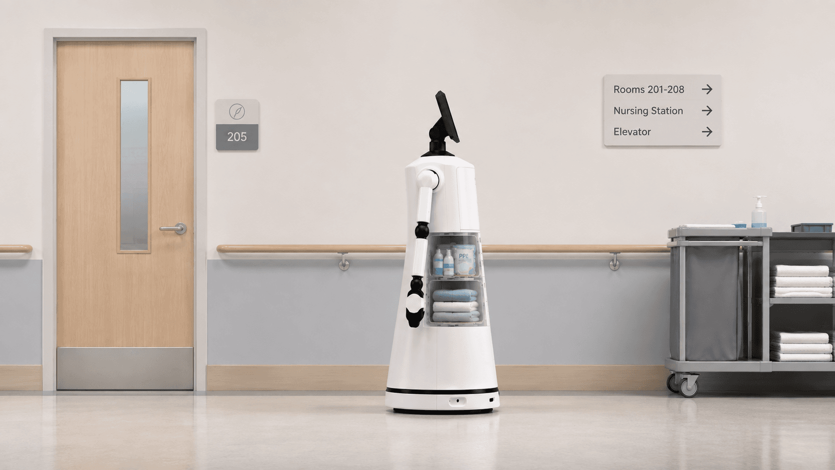 CareMate robot delivering supplies in a corridor