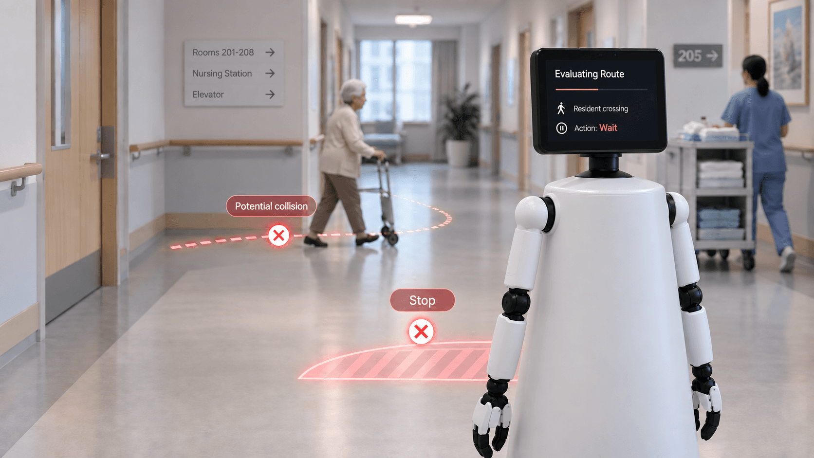 CareMate navigating a care facility corridor