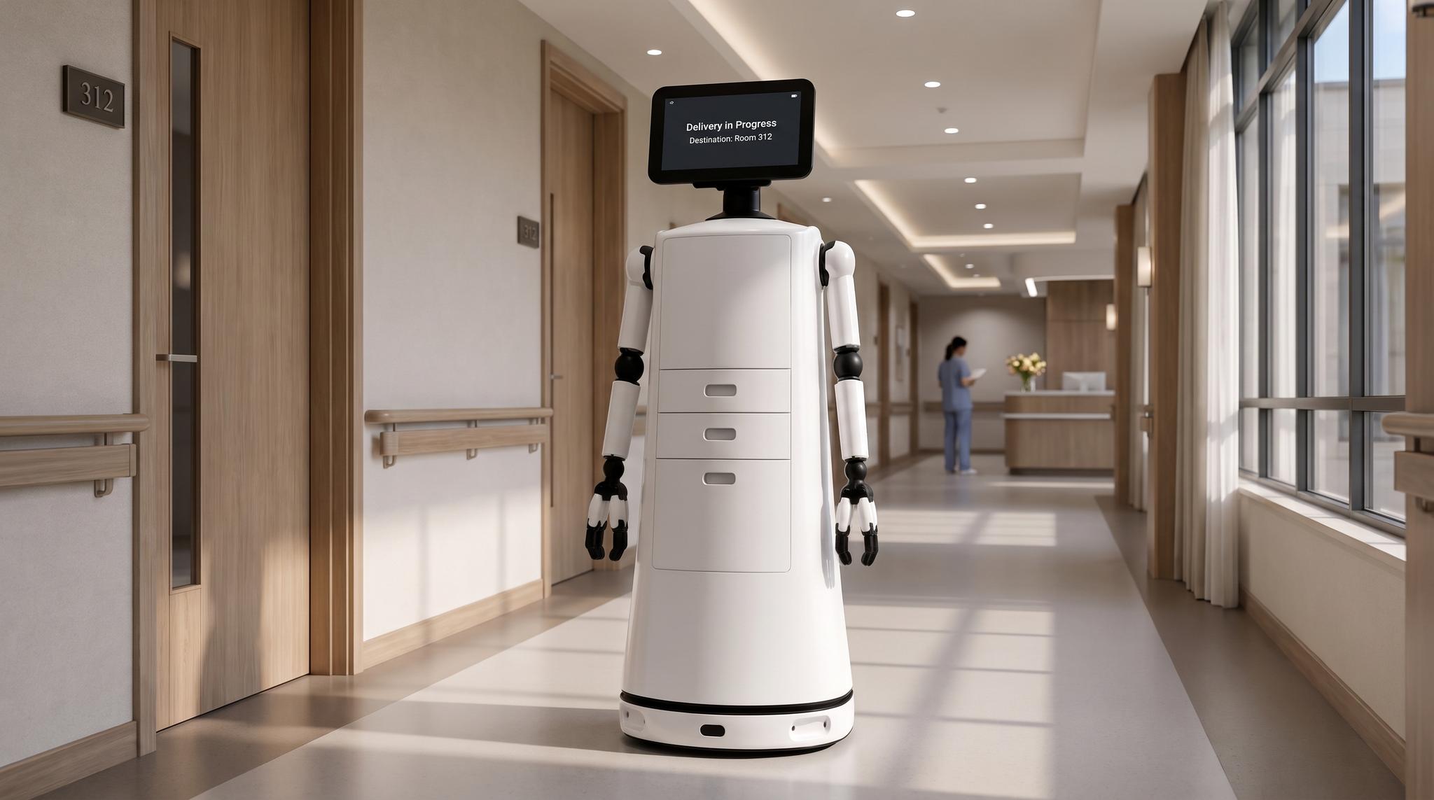CareMate robot delivering supplies in a corridor
